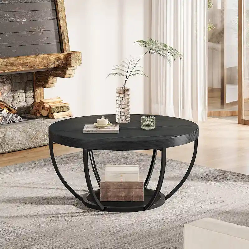 Table basse ronde de 31,7 pouces, rustique à 2 niveaux avec étagères de rangement ouvertes