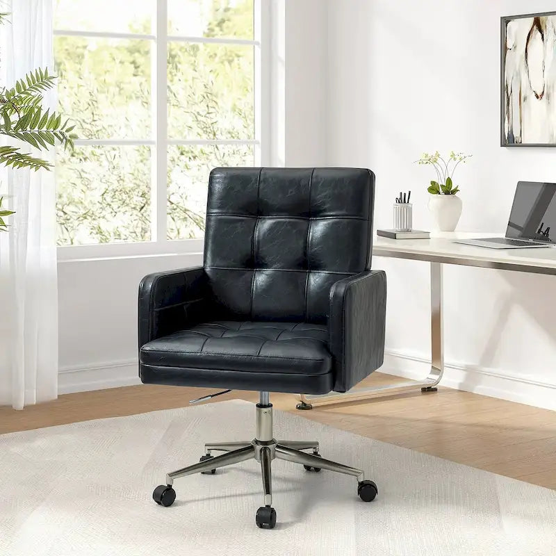 Chaise de bureau moderne à cinq roulettes réglable en hauteur en cuir végétalien