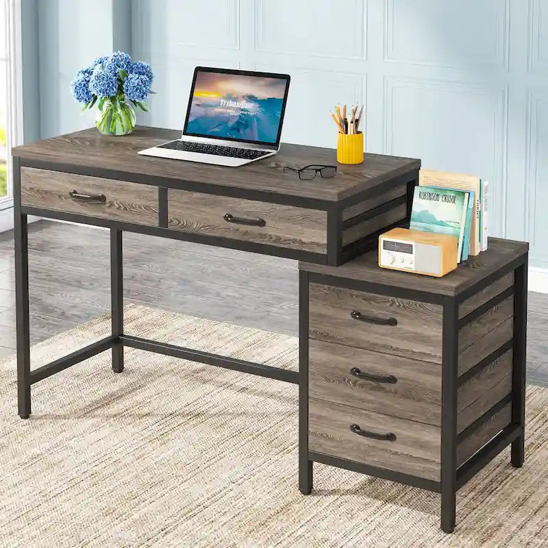 Bureau informatique relevable avec tiroirs classeurs et support d'imprimante