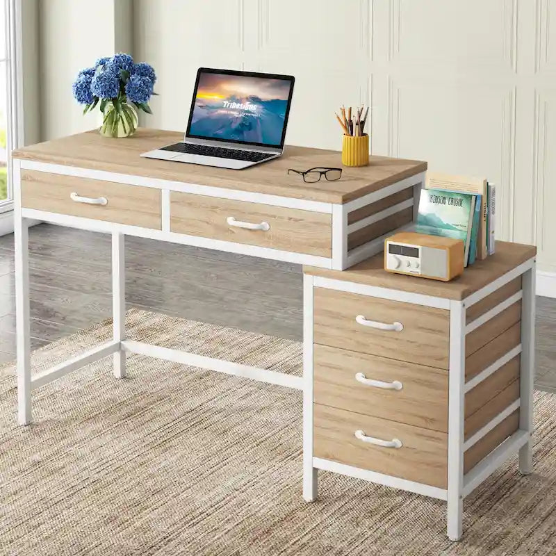 Bureau informatique relevable avec tiroirs classeurs et support d'imprimante