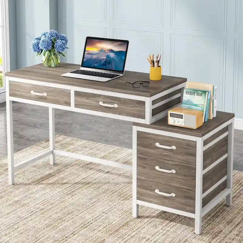 Bureau informatique relevable avec tiroirs classeurs et support d'imprimante