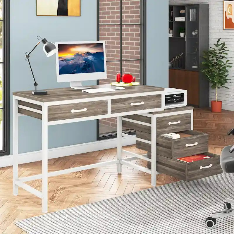 Bureau informatique relevable avec tiroirs classeurs et support d'imprimante