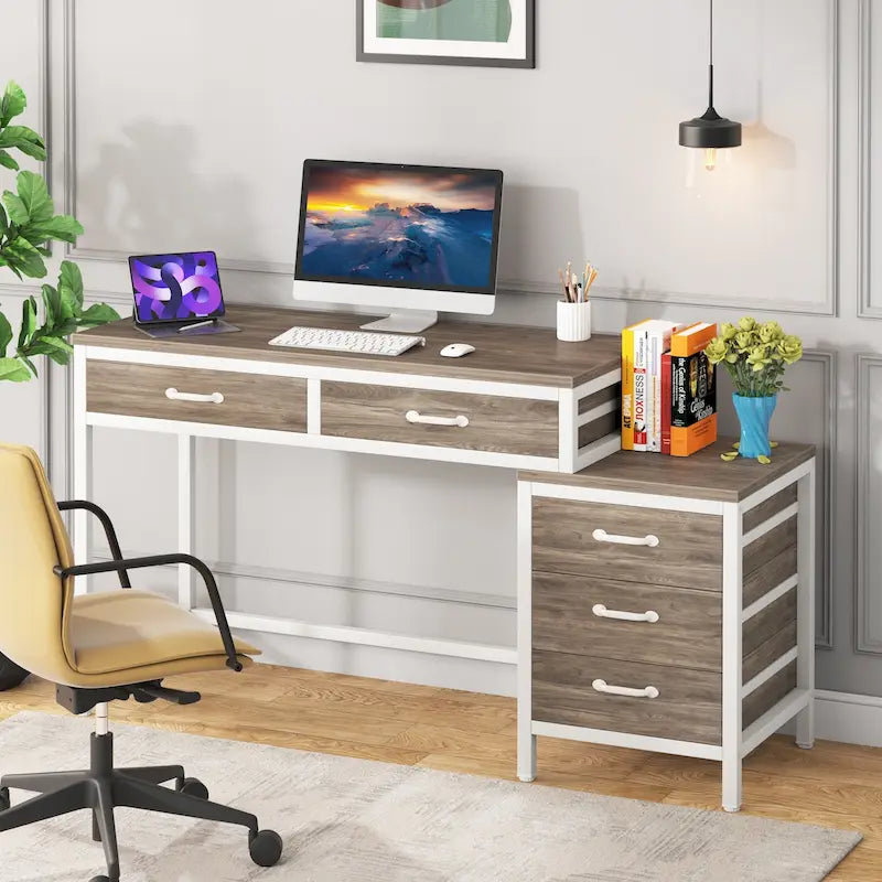 Bureau informatique relevable avec tiroirs classeurs et support d'imprimante