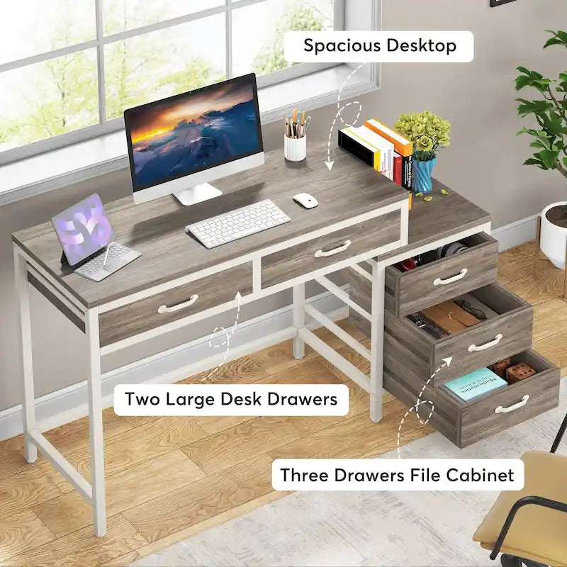 Bureau informatique relevable avec tiroirs classeurs et support d'imprimante