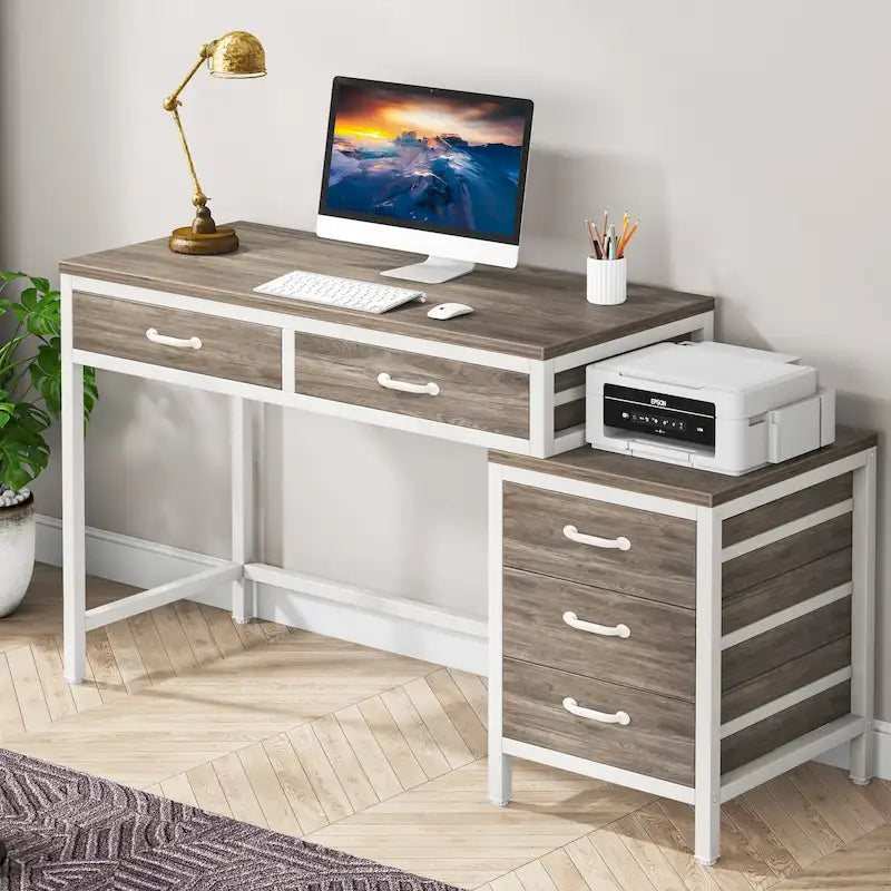 Bureau informatique relevable avec tiroirs classeurs et support d'imprimante