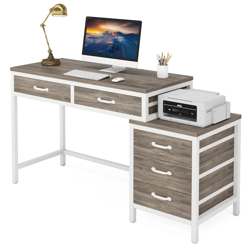 Bureau informatique relevable avec tiroirs classeurs et support d'imprimante