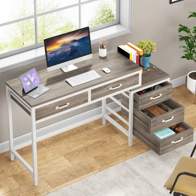 Bureau informatique relevable avec tiroirs classeurs et support d'imprimante