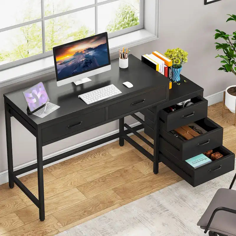 Bureau informatique relevable avec tiroirs classeurs et support d'imprimante