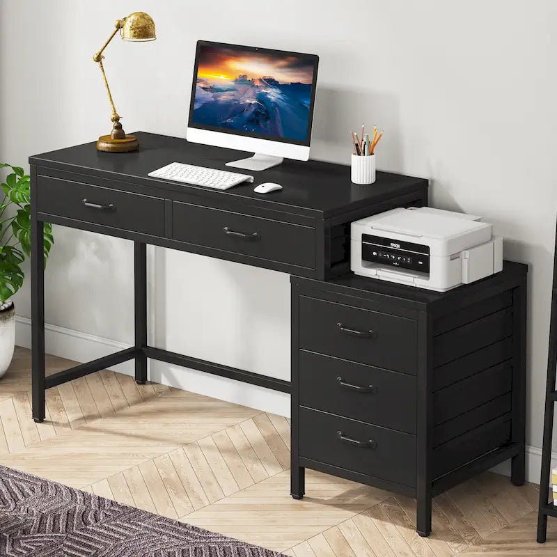 Bureau informatique relevable avec tiroirs classeurs et support d'imprimante