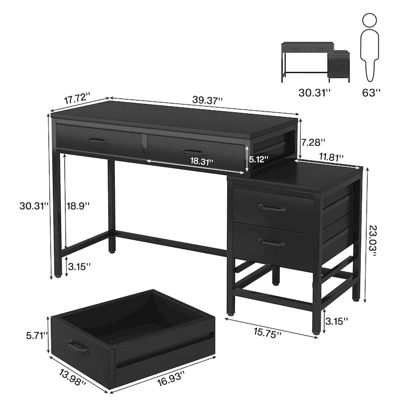 Bureau informatique relevable avec tiroirs classeurs et support d'imprimante