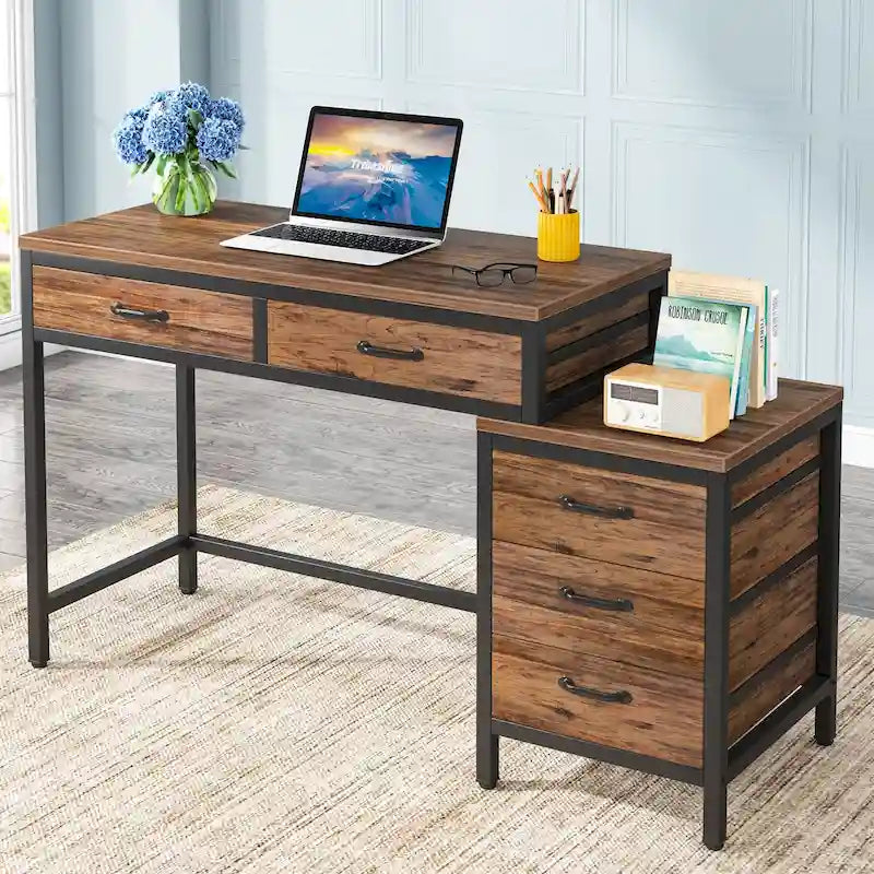 Bureau informatique relevable avec tiroirs classeurs et support d'imprimante