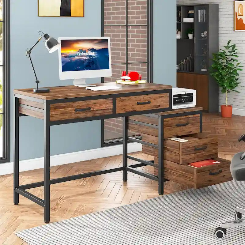 Bureau informatique relevable avec tiroirs classeurs et support d'imprimante