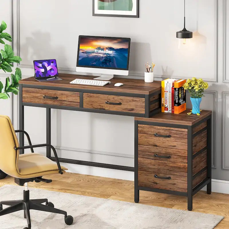 Bureau informatique relevable avec tiroirs classeurs et support d'imprimante
