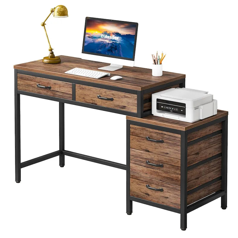 Bureau informatique relevable avec tiroirs classeurs et support d'imprimante