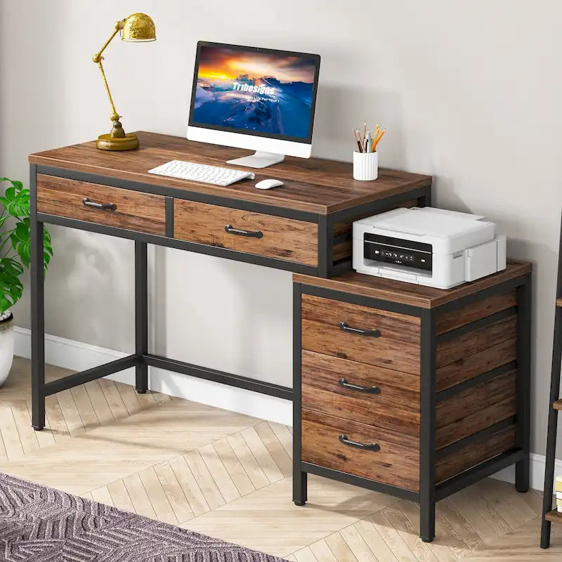 Bureau informatique relevable avec tiroirs classeurs et support d'imprimante