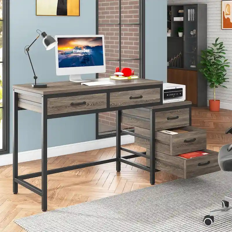 Bureau informatique relevable avec tiroirs classeurs et support d'imprimante