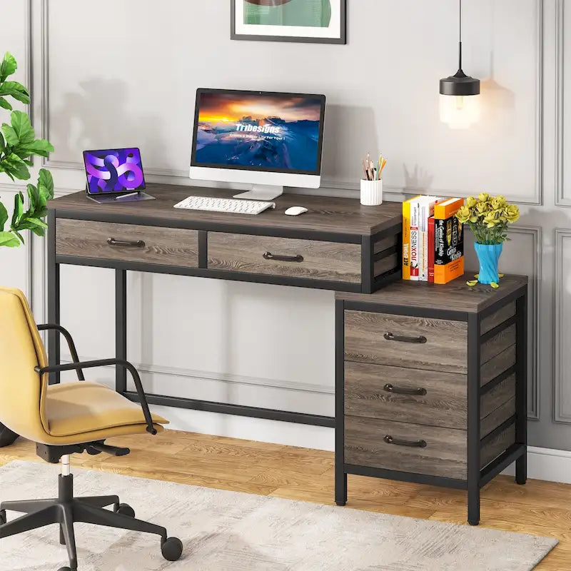 Bureau informatique relevable avec tiroirs classeurs et support d'imprimante