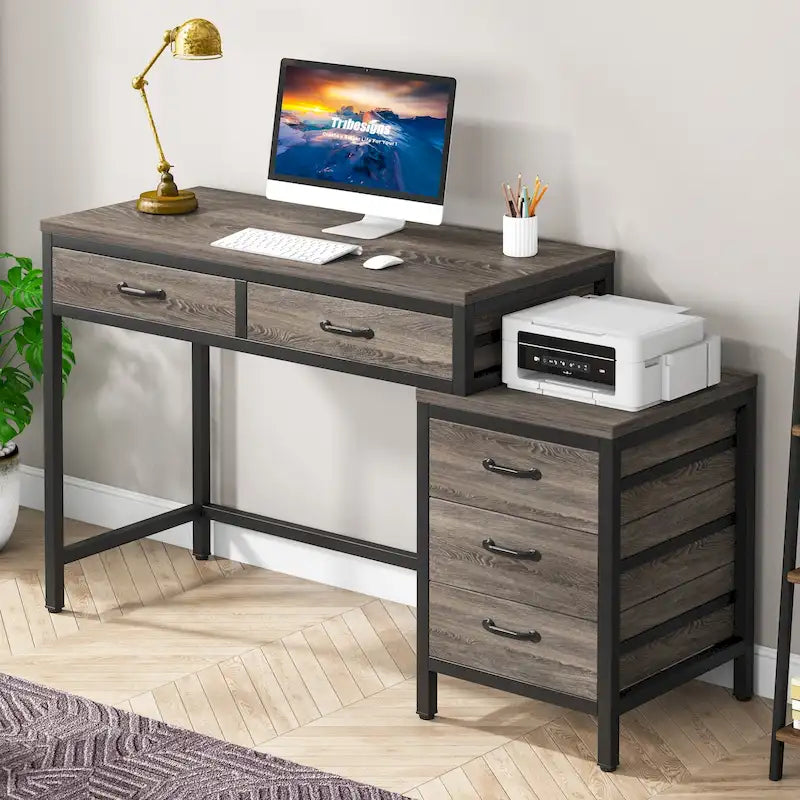 Bureau informatique relevable avec tiroirs classeurs et support d'imprimante