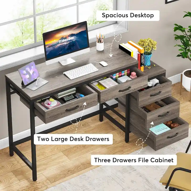 Bureau informatique relevable avec tiroirs classeurs et support d'imprimante