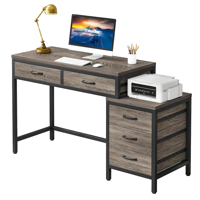 Bureau informatique relevable avec tiroirs classeurs et support d'imprimante