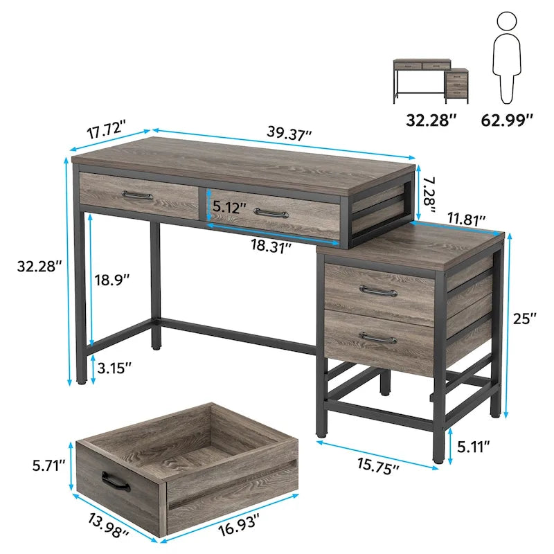 Bureau informatique relevable avec tiroirs classeurs et support d'imprimante
