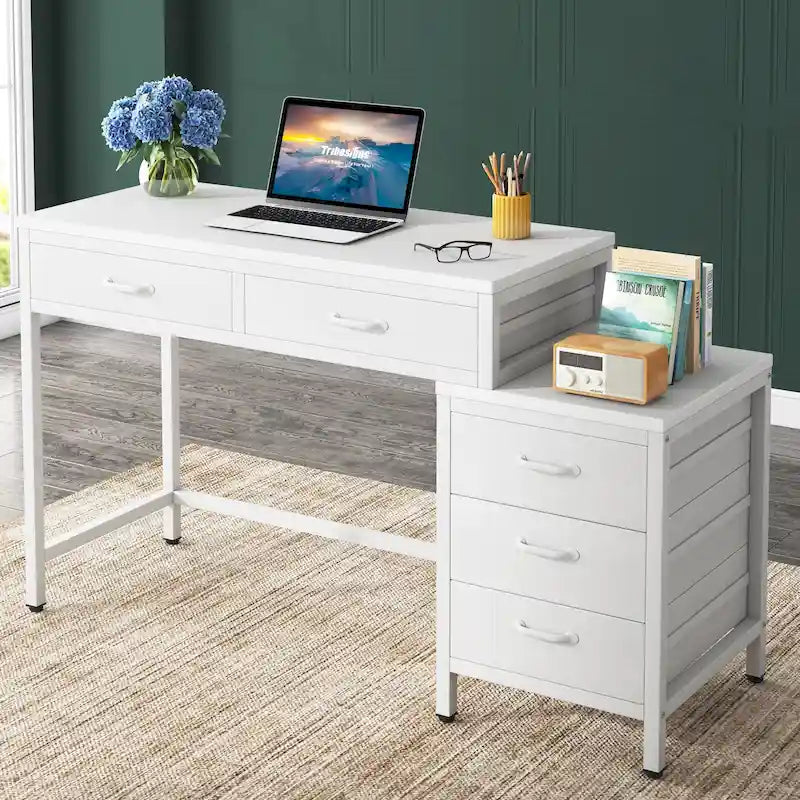 Bureau informatique relevable avec tiroirs classeurs et support d'imprimante