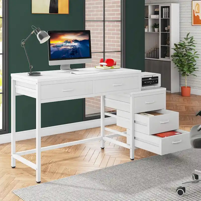 Bureau informatique relevable avec tiroirs classeurs et support d'imprimante