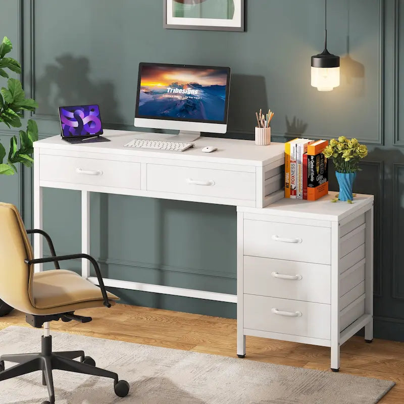Bureau informatique relevable avec tiroirs classeurs et support d'imprimante