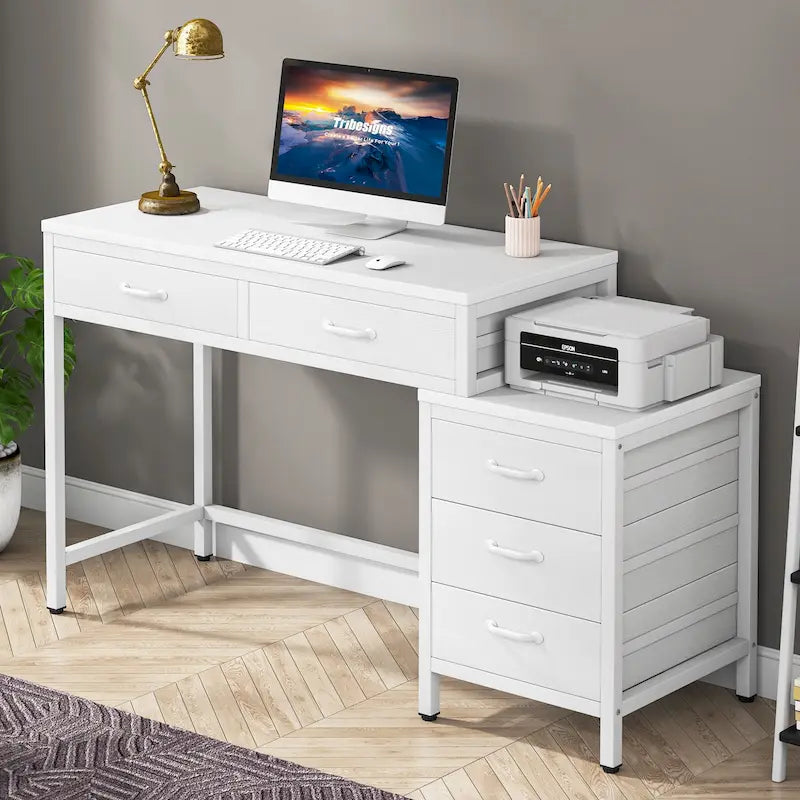 Bureau informatique relevable avec tiroirs classeurs et support d'imprimante