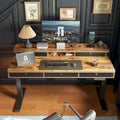 Bureau Debout Électrique Réglable en Hauteur FEZIBO avec 5 Tiroirs, Table avec Étagère de Rangement, Bureau Assis-Debout