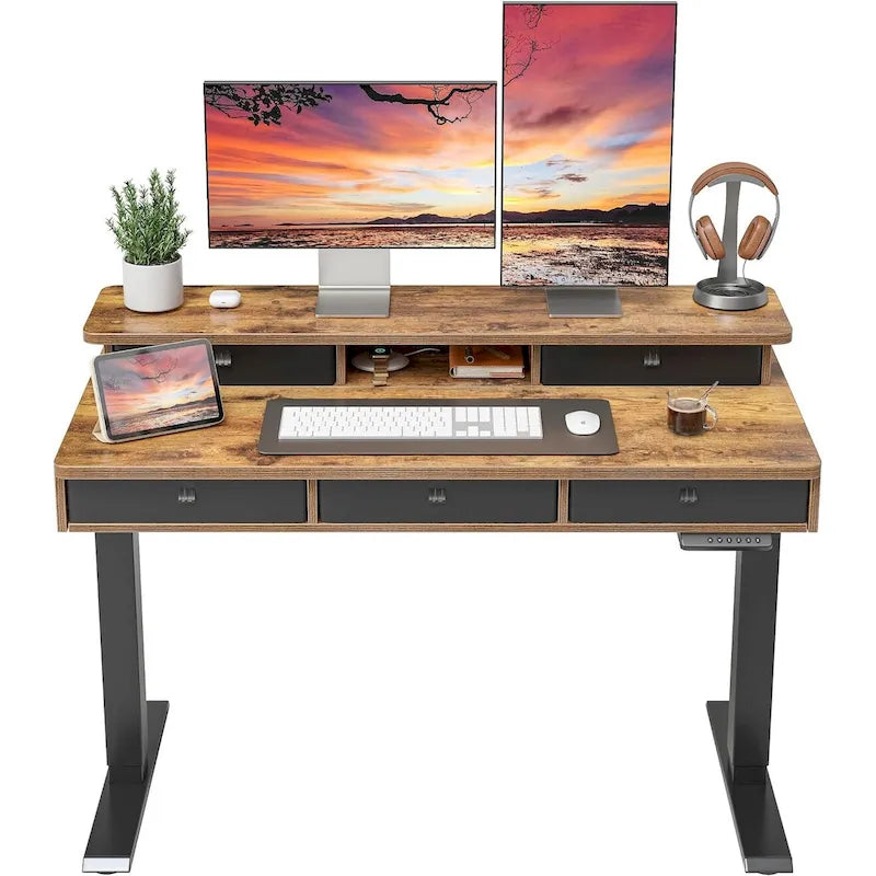 Bureau Debout Électrique Réglable en Hauteur FEZIBO avec 5 Tiroirs, Table avec Étagère de Rangement, Bureau Assis-Debout