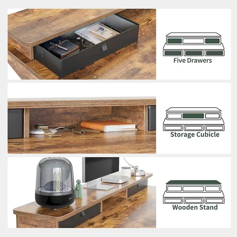 Bureau Debout Électrique Réglable en Hauteur FEZIBO avec 5 Tiroirs, Table avec Étagère de Rangement, Bureau Assis-Debout