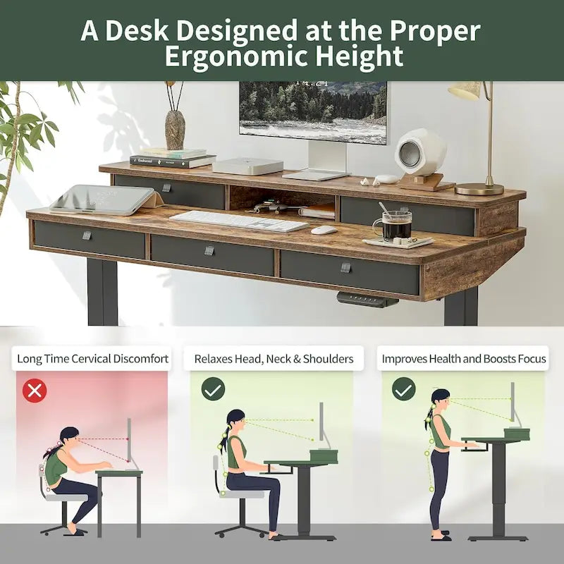 Bureau Debout Électrique Réglable en Hauteur FEZIBO avec 5 Tiroirs, Table avec Étagère de Rangement, Bureau Assis-Debout