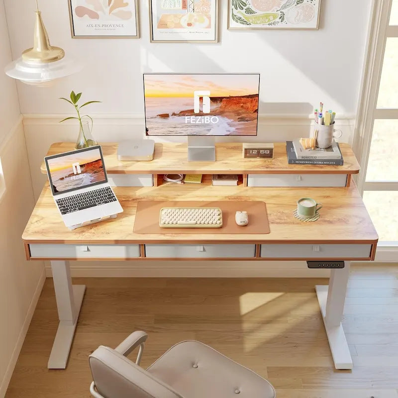 Bureau Debout Électrique Réglable en Hauteur FEZIBO avec 5 Tiroirs, Table avec Étagère de Rangement, Bureau Assis-Debout