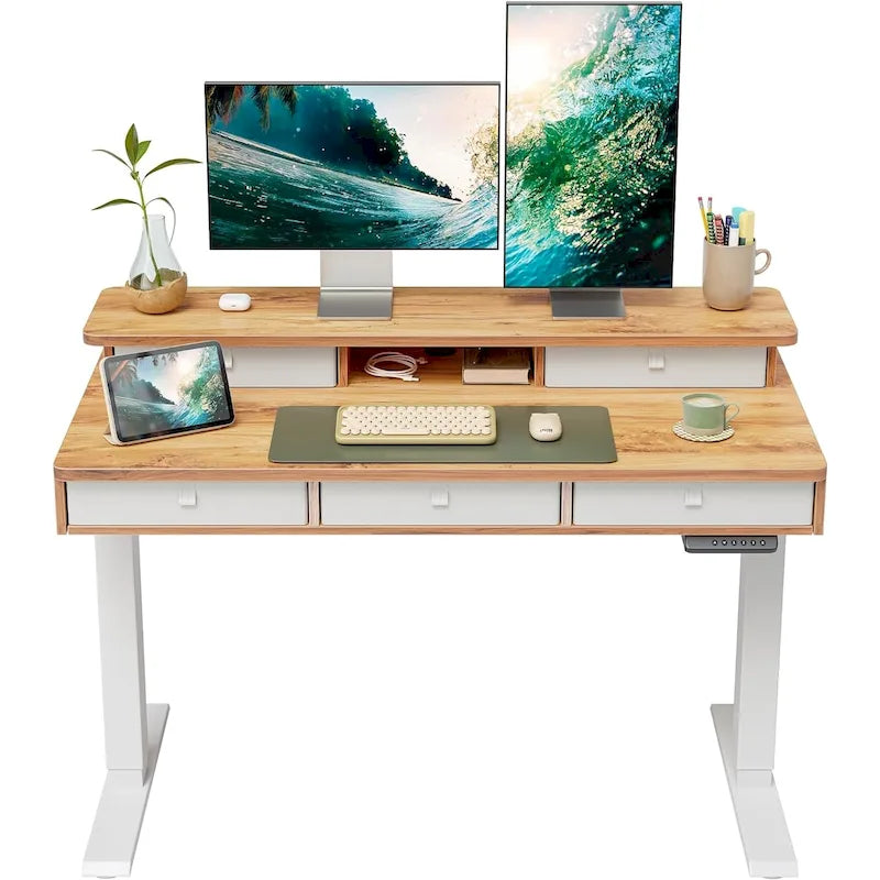 Bureau Debout Électrique Réglable en Hauteur FEZIBO avec 5 Tiroirs, Table avec Étagère de Rangement, Bureau Assis-Debout
