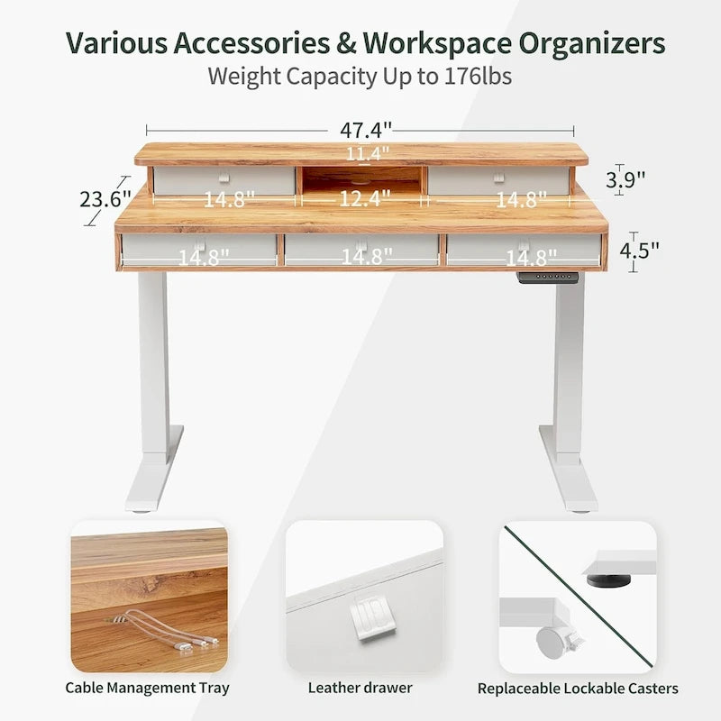 Bureau Debout Électrique Réglable en Hauteur FEZIBO avec 5 Tiroirs, Table avec Étagère de Rangement, Bureau Assis-Debout