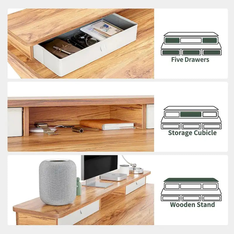 Bureau Debout Électrique Réglable en Hauteur FEZIBO avec 5 Tiroirs, Table avec Étagère de Rangement, Bureau Assis-Debout