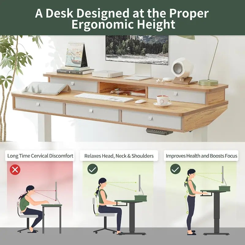 Bureau Debout Électrique Réglable en Hauteur FEZIBO avec 5 Tiroirs, Table avec Étagère de Rangement, Bureau Assis-Debout
