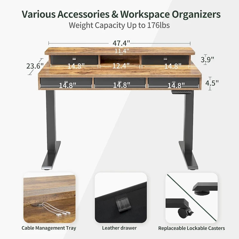 Bureau Debout Électrique Réglable en Hauteur FEZIBO avec 5 Tiroirs, Table avec Étagère de Rangement, Bureau Assis-Debout