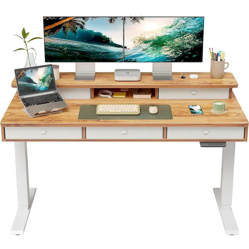 Bureau Debout Électrique Réglable en Hauteur FEZIBO avec 5 Tiroirs, Table avec Étagère de Rangement, Bureau Assis-Debout