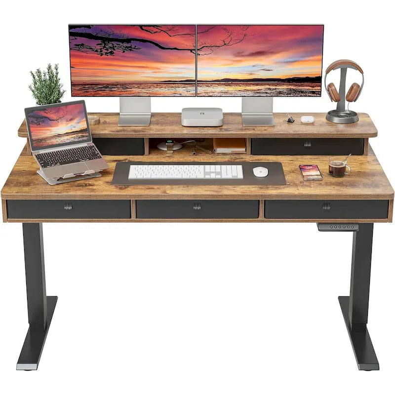 Bureau Debout Électrique Réglable en Hauteur FEZIBO avec 5 Tiroirs, Table avec Étagère de Rangement, Bureau Assis-Debout