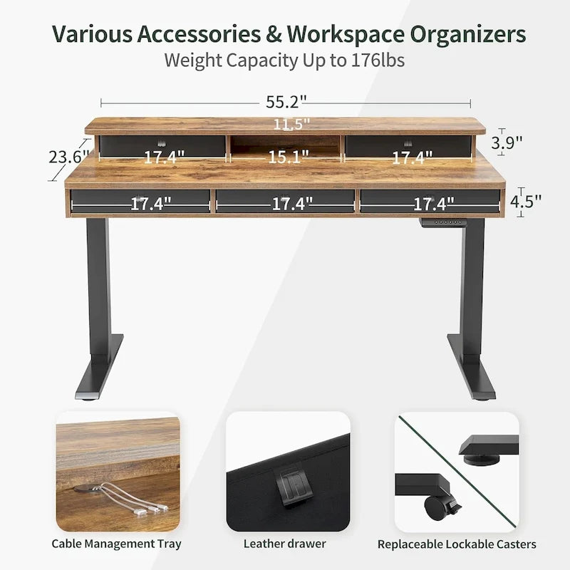 Bureau Debout Électrique Réglable en Hauteur FEZIBO avec 5 Tiroirs, Table avec Étagère de Rangement, Bureau Assis-Debout