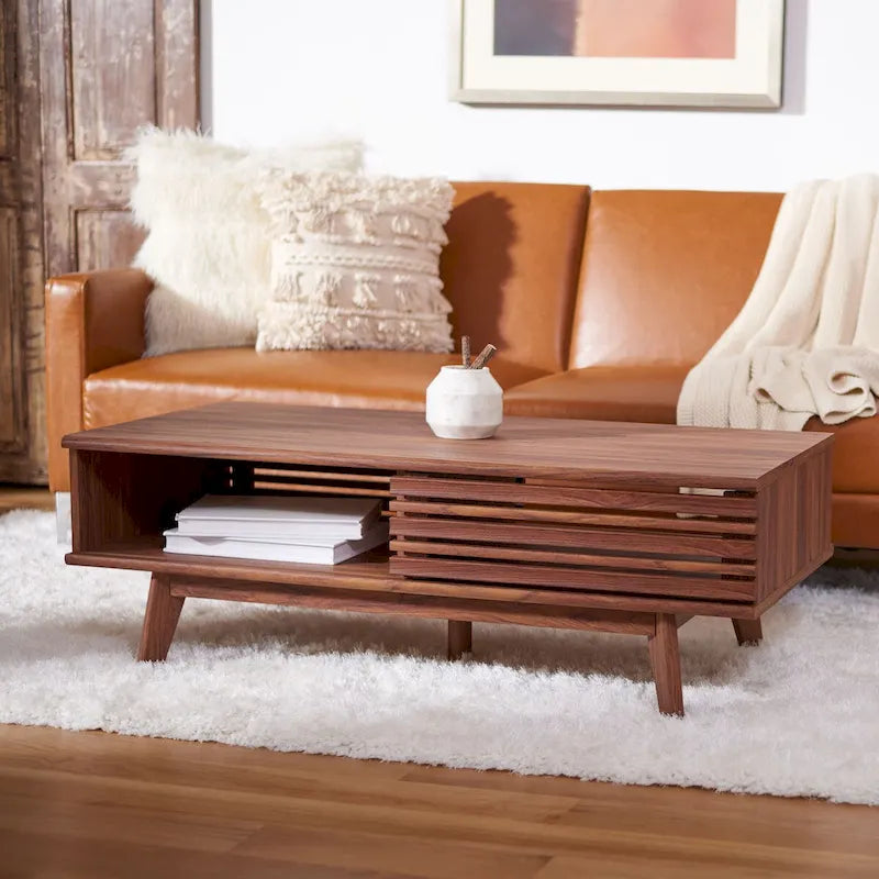 SAFAVIEH Ameetha Mid-Century 1-Shelf Walnut Coffee Table - 46  W x 23  D x 16  H - 46Wx23Dx16H
