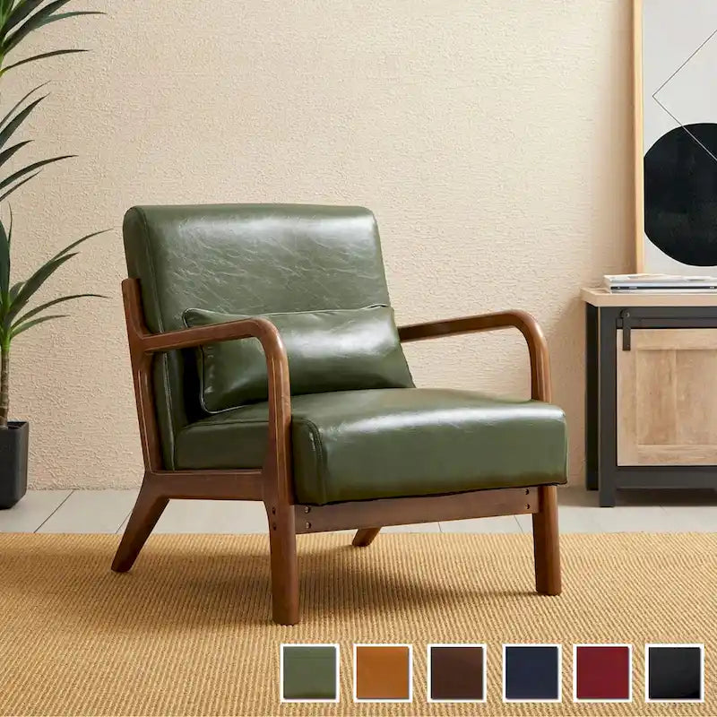 Glitzhome 30.75 H Mid-Century Modern PU Leather Armchair Accent Chair with Pillow - 25.75 W x 33.75 D x 30.75 H