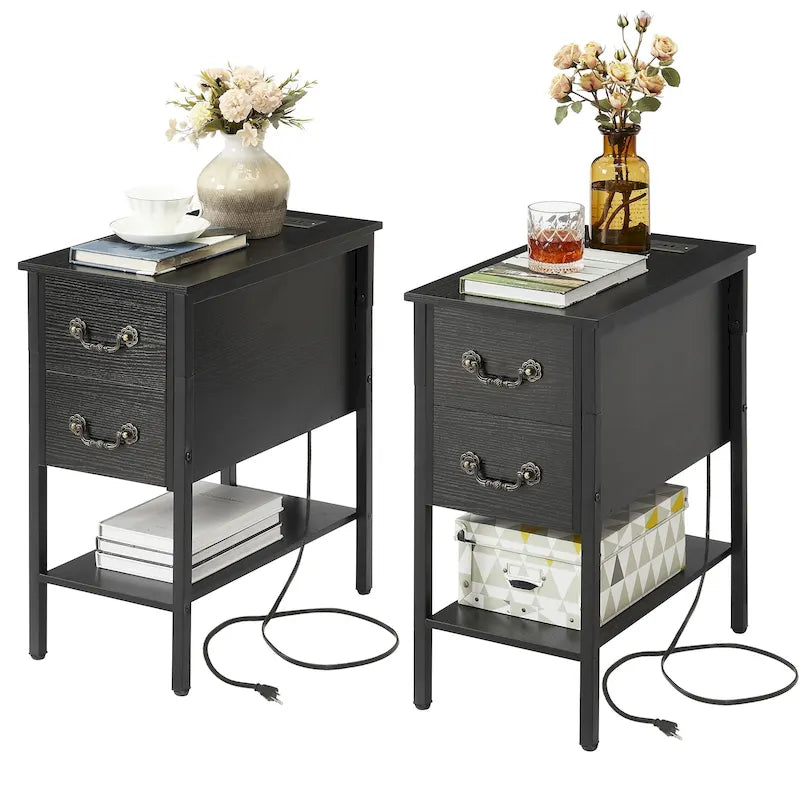 Table d'appoint avec station de recharge, table d'appoint étroite pour fauteuil avec tiroirs