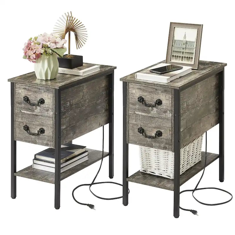 Table d'appoint avec station de recharge, table d'appoint étroite pour fauteuil avec tiroirs