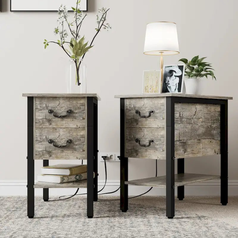 Table d'appoint avec station de recharge, table d'appoint étroite pour fauteuil avec tiroirs