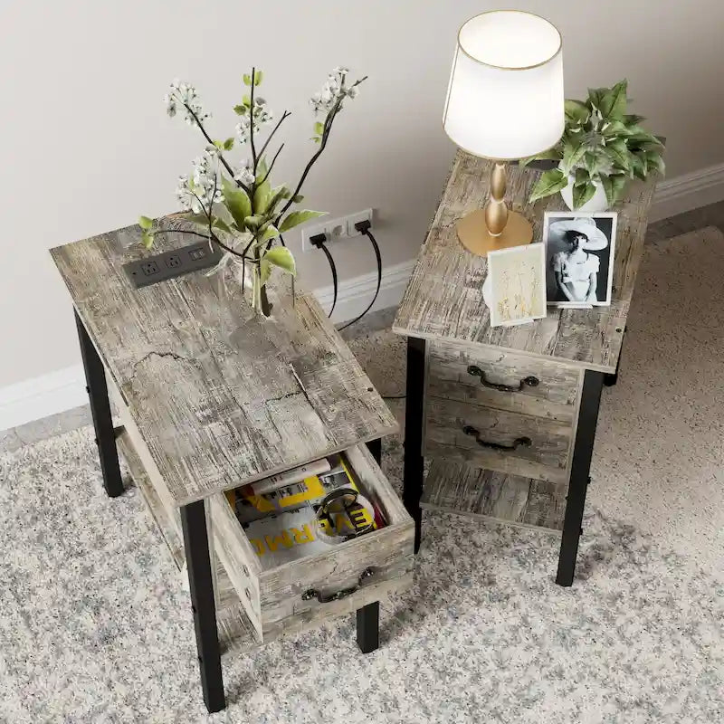 Table d'appoint avec station de recharge, table d'appoint étroite pour fauteuil avec tiroirs