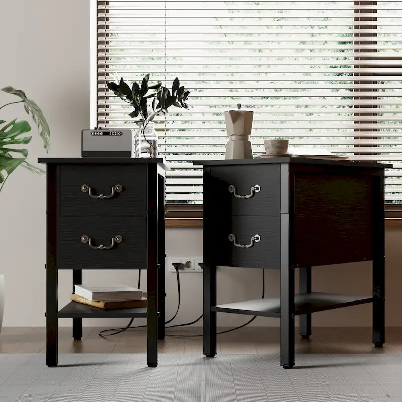 Table d'appoint avec station de recharge, table d'appoint étroite pour fauteuil avec tiroirs