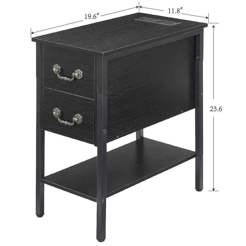Table d'appoint avec station de recharge, table d'appoint étroite pour fauteuil avec tiroirs